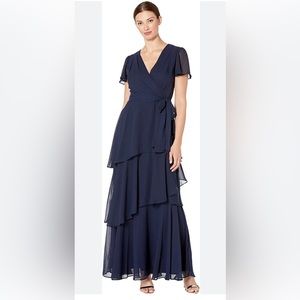 Tahari by ASL Navy Chiffon Tiered Maxi Dress